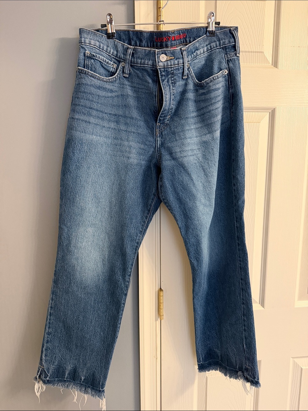 Lucky Brand Relaxed Straight Mid-Blue Jeans with Frayed Hem